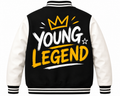 Back view of a varsity-style jacket with a black body, white sleeves, and bold yellow and white graphic text reading 'YOUNG LEGEND' with a crown on the back, shown on a plain white background.
