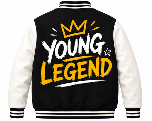 Back view of a varsity-style jacket with a black body, white sleeves, and bold yellow and white graphic text reading 'YOUNG LEGEND' with a crown on the back, shown on a plain white background.