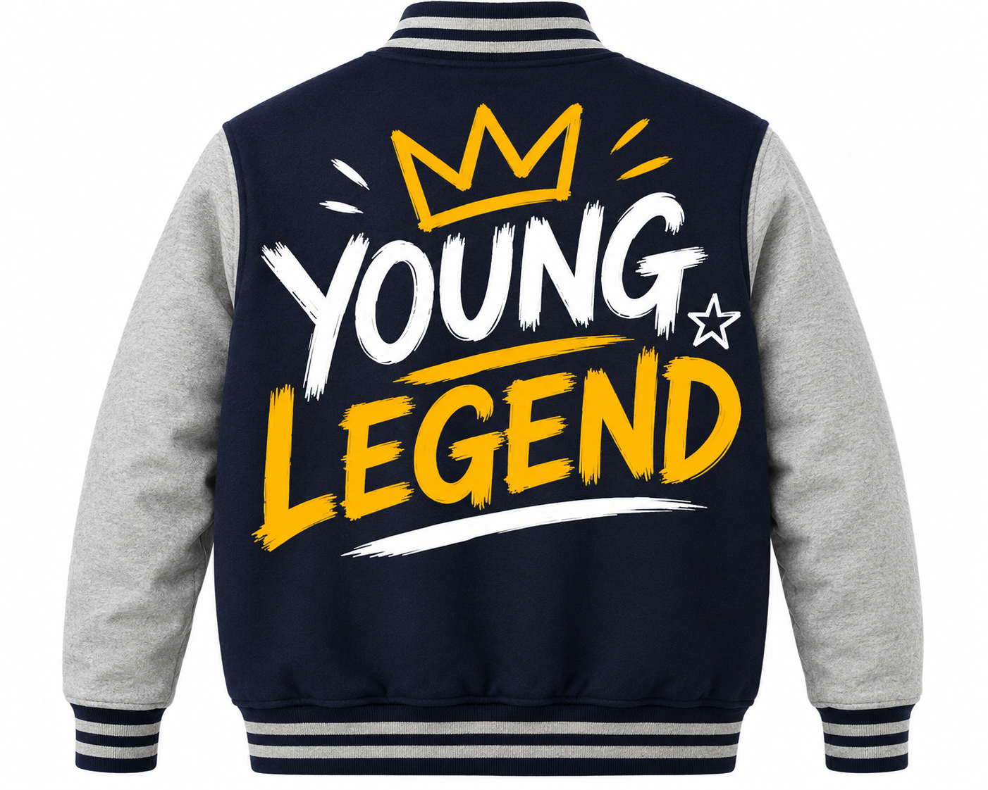 Back view of a navy and heather gray varsity-style jacket with a large 'YOUNG LEGEND' graphic in white and yellow on the back, plus a yellow crown and star details.
