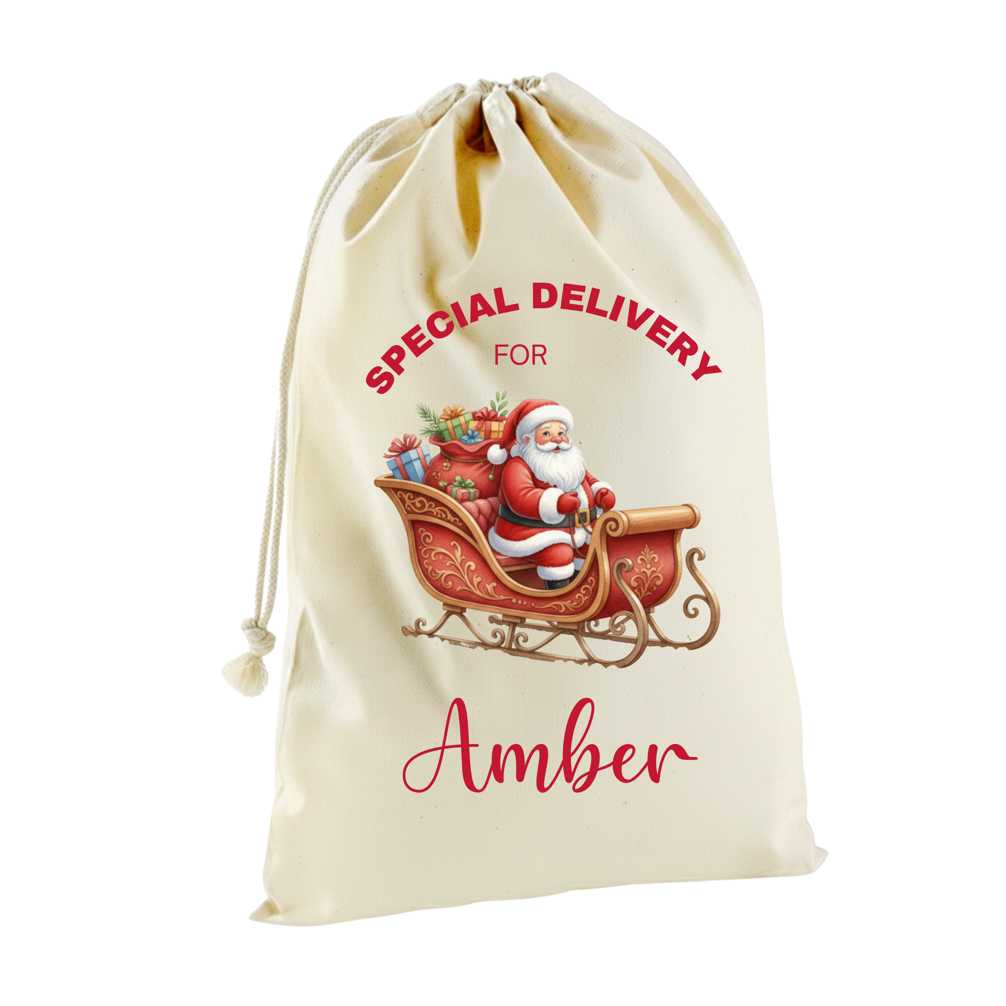 Beige drawstring bag with Santa Claus illustration and text 'Special Delivery for Amber' on a white background
