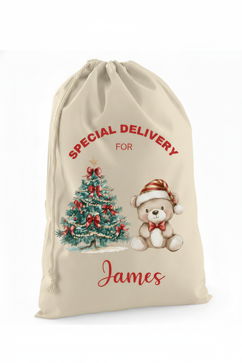 A beige personalized Christmas stocking bag with a cream drawstring, featuring a printed illustration of a decorated Christmas tree, a teddy bear in a Santa hat, and the text 'SPECIAL DELIVERY FOR James'.