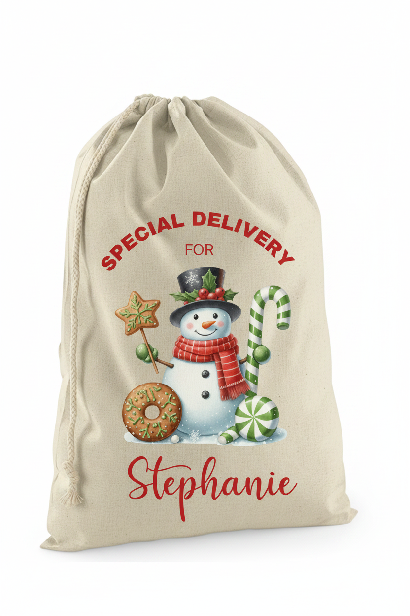 Personalised Snowman Green Candy Cane Christmas Sack
